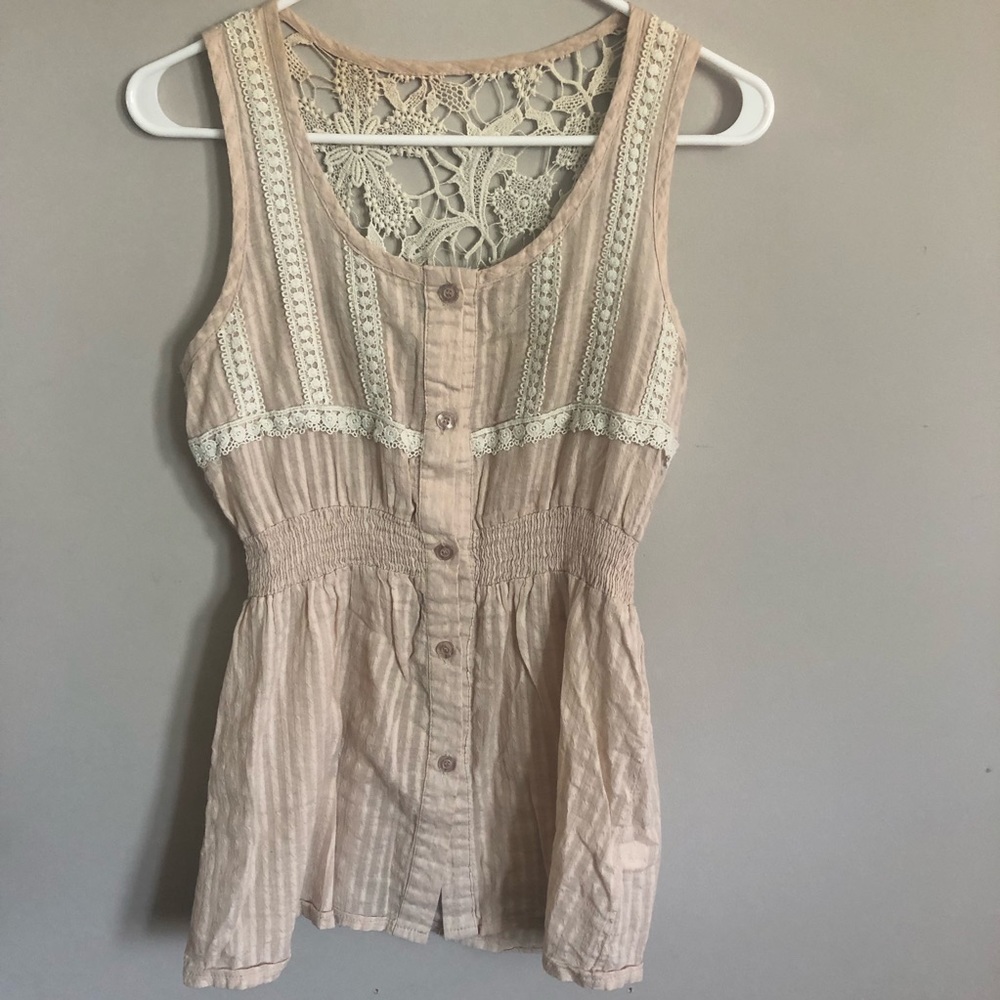 💖5/$25 Light pink/ ivory semi sheer striped button up top - Picture 1 of 6